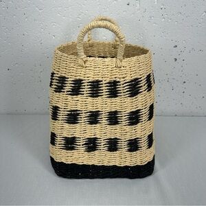 Handmade Cream & Black Straw Weave Square Basket 11 x 9”